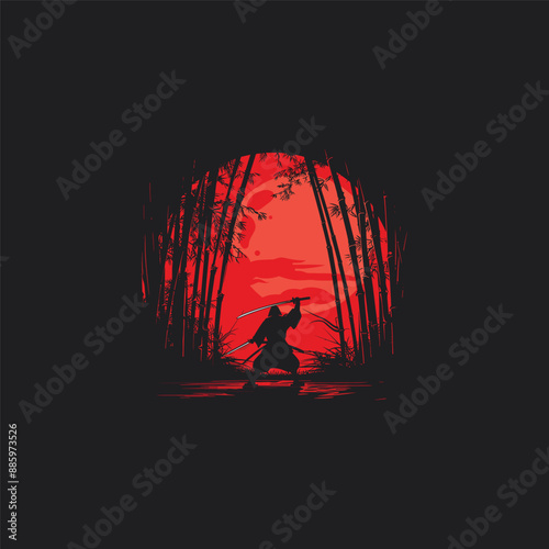 
vector illustration of Ninja, Assassin, Samurai training at night during full moon. Perfect for wallpapers, posters, etc