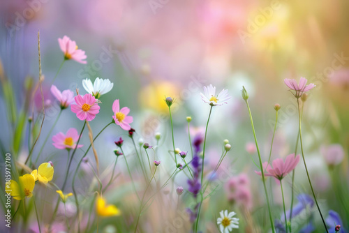 Vibrant summer wildflowers paint a colorful landscape under a bright blue sky