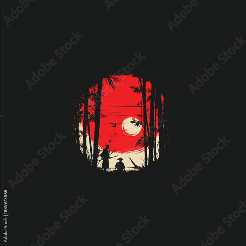
vector illustration of Ninja, Assassin, Samurai training at night during full moon. Perfect for wallpapers, posters, etc