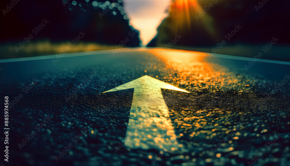Upward pointing white arrow painted on a shiny wet road. white arrow on ...