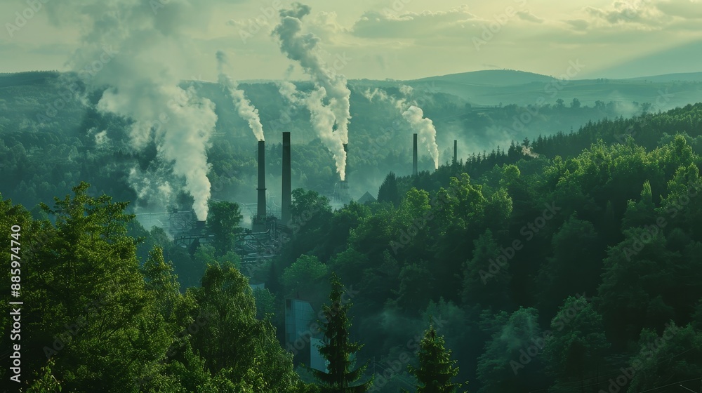 Fototapeta premium Ecological Duality Industrial Chimneys Amidst Lush Forestscape