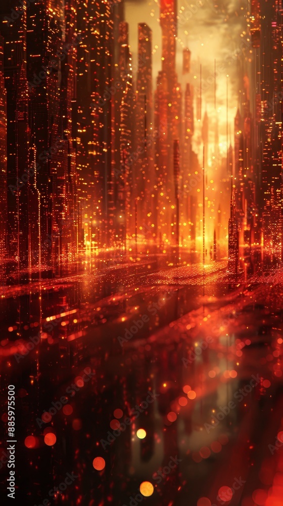 Futuristic cityscape with glowing orange lights, abstract digital art depicting a surreal and vibrant urban environment. Futuristic cityscape with glowing orange lights, abstract digital art depicting a surreal and vibrant urban environment.
