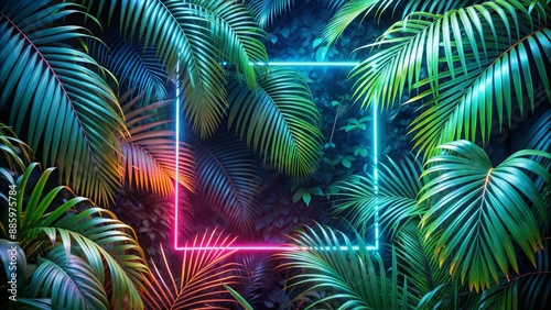 Vibrant neon lights outline futuristic cyber frames on fresh palm leaves against a dark, urban jungle background with ample copy space.