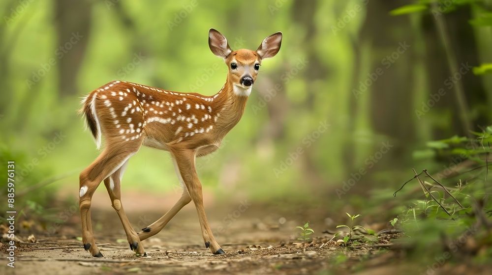 White-tailed deer fawn with hind on natural trail White-tailed deer fawn with hind on natural trail