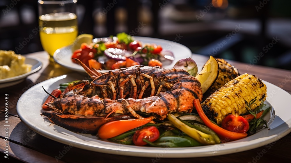 Exquisite Grilled Jamaican Lobster with Garlic Butter and Roasted Vegetables Exquisite Grilled Jamaican Lobster with Garlic Butter and Roasted Vegetables