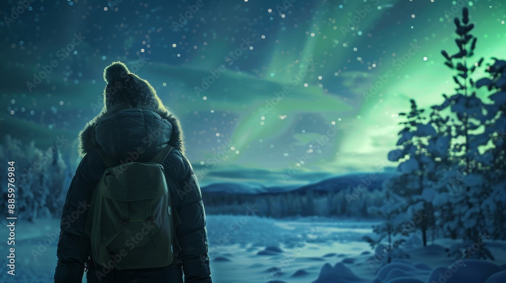 Fototapeta premium Winter Wanderlust Enchanting Aurora Borealis View in Snowy Landscape