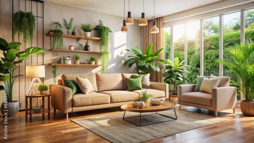 Vibrant, elegant, modern interior with plenty of natural light, soft beige tones, and lush greenery, conveying warmth and serenity. Vibrant, elegant, modern interior with plenty of natural light, soft beige tones, and lush greenery, conveying warmth and serenity.