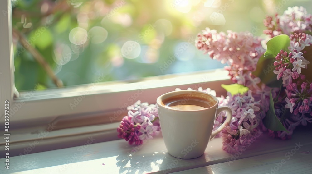 A serene springtime scene with a coffee cup and blooming flowers on a windowsill, capturing the freshness of the season. A serene springtime scene with a coffee cup and blooming flowers on a windowsill, capturing the freshness of the season.