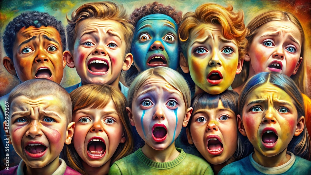 Colorful, distressed cartoon faces of crying children with varied ...