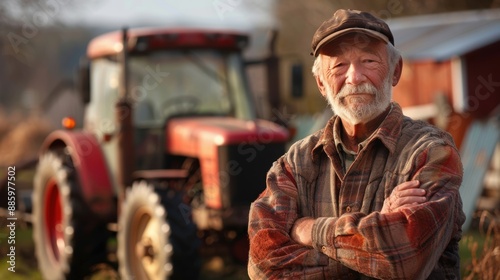 An elderly farmer with a white beard stands confidently beside his tractor, representing hard work and rural life. © tashechka