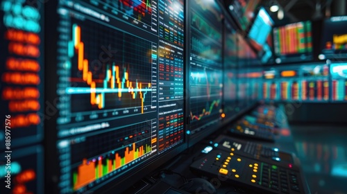 Stock market data on multiple screens in a financial trading room, showcasing charts, graphs, and numbers.