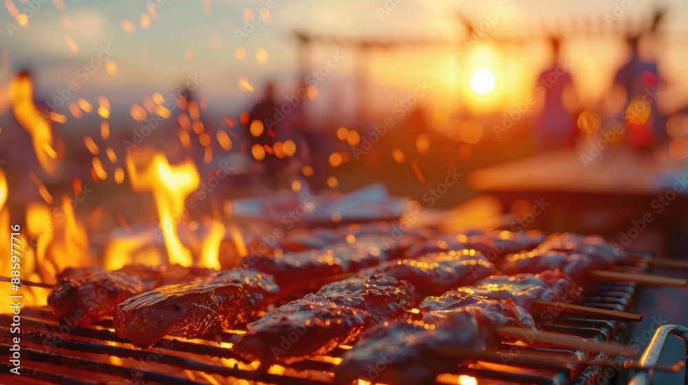 Grilling meat skewers on a barbecue with flames and sparks flying, set against a beautiful sunset backdrop. Grilling meat skewers on a barbecue with flames and sparks flying, set against a beautiful sunset backdrop.