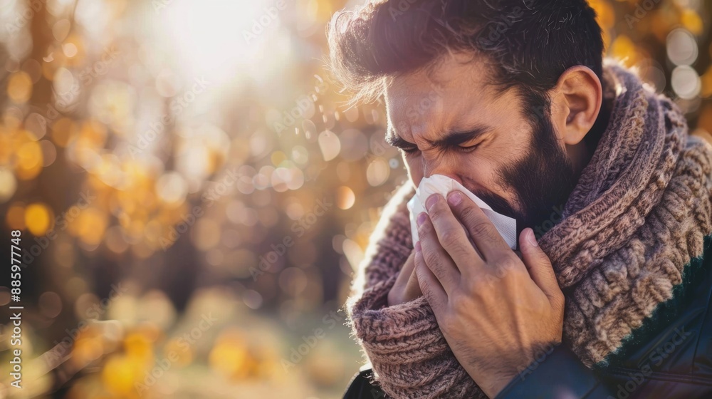 A man sneezing into a tissue in an autumn park, surrounded by golden foliage and soft sunlight, illustrating seasonal allergies. A man sneezing into a tissue in an autumn park, surrounded by golden foliage and soft sunlight, illustrating seasonal allergies.