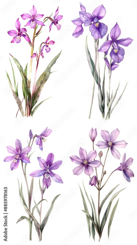 Set of watercolor purple arctotis stoechadifolia flower isolated on white background Set of watercolor purple arctotis stoechadifolia flower isolated on white background