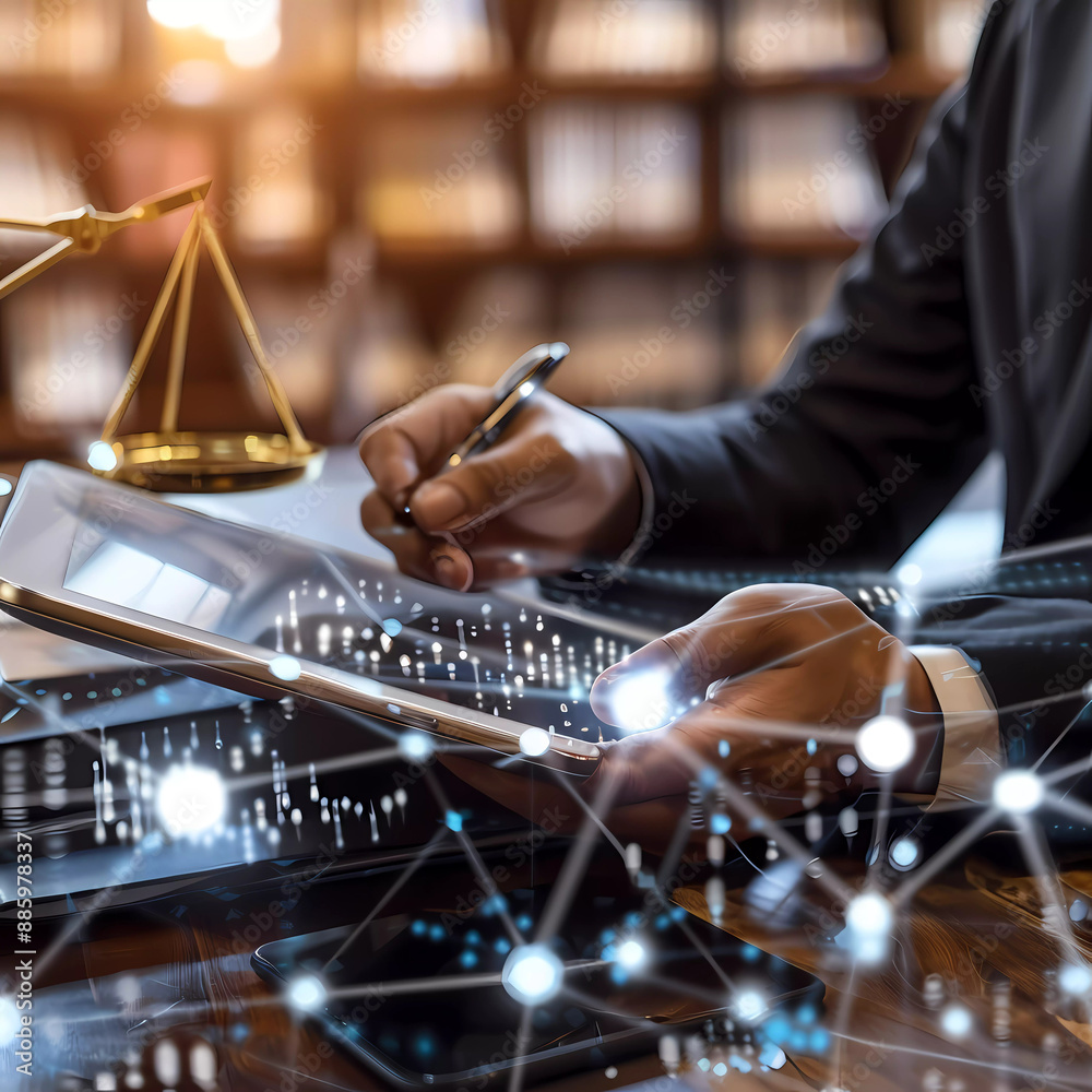 Generative AI A lawyer reviewing a digital smart contract on a tablet in a modern office, symbolizing the transformation of legal processes through blockchain technology, natural light Generative AI A lawyer reviewing a digital smart contract on a tablet in a modern office, symbolizing the transformation of legal processes through blockchain technology, natural light