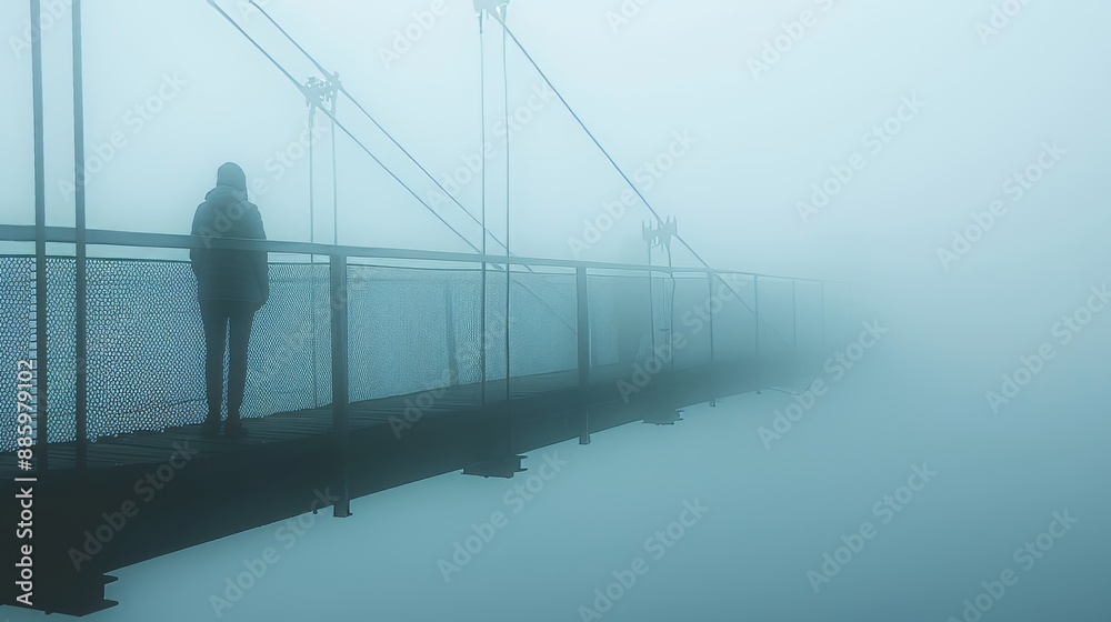 Fototapeta premium Misty Horizon A Solitary Figure Embracing the Unknown on a Bridge in the Fog