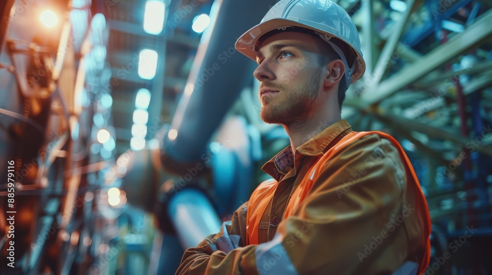Close-up of a wind turbine technician inspecting a blade, copy space, realistic photography Close-up of a wind turbine technician inspecting a blade, copy space, realistic photography