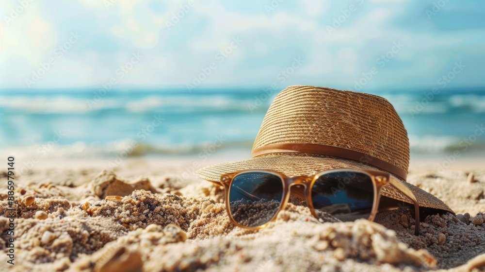 A straw hat and sunglasses resting on sandy beach, evoking a relaxing summer vacation by the ocean. A straw hat and sunglasses resting on sandy beach, evoking a relaxing summer vacation by the ocean.