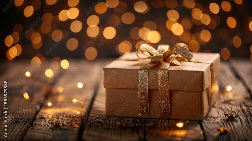 The photo shows a beautifully wrapped present with a gold ribbon and bow, sitting on a wooden table against a backdrop of twinkling lights. The photo shows a beautifully wrapped present with a gold ribbon and bow, sitting on a wooden table against a backdrop of twinkling lights.