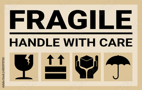 sticker fragile handle with care, black and brown fragile warning label, fragile label with broken glass symbol, vector asset. cardboard color