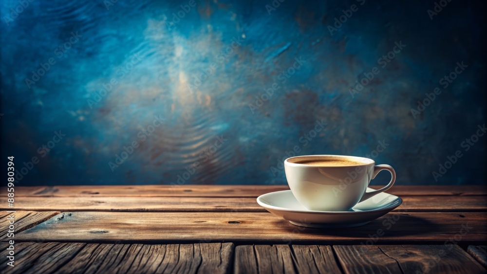 Dark blue background with a close-up of a coffee cup and saucer on a rustic wooden table in morning light. Dark blue background with a close-up of a coffee cup and saucer on a rustic wooden table in morning light.