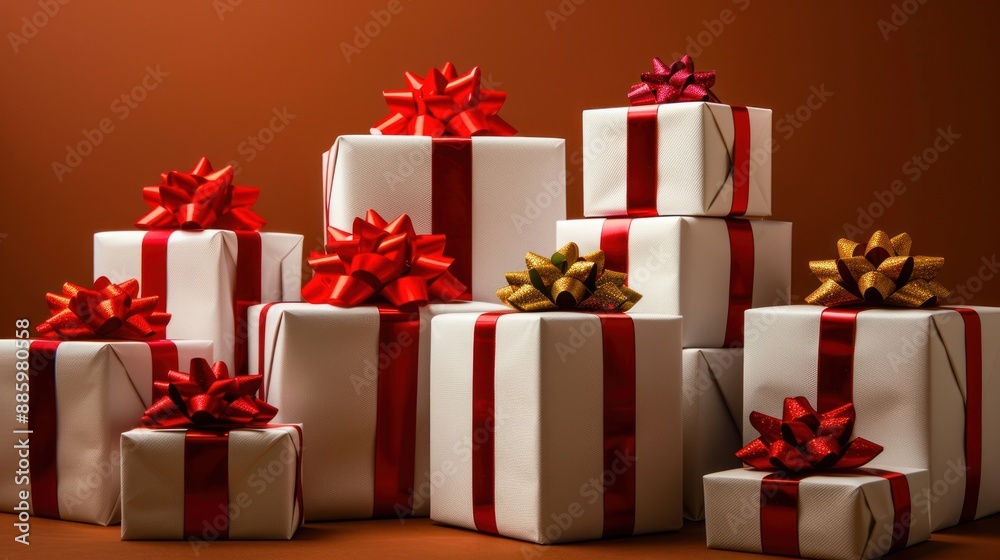 Obraz premium Stack of Gift Boxes with Red and Gold Ribbons