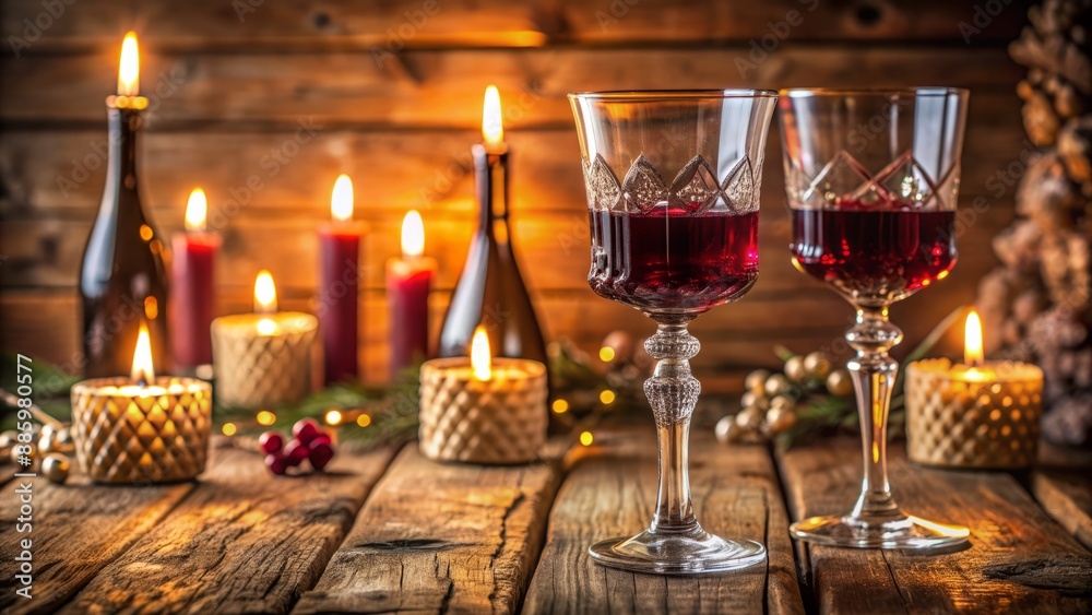 Luxurious velvet-red wine poured into a delicate crystal glass on a rustic wooden table amidst warm candlelight ambiance.