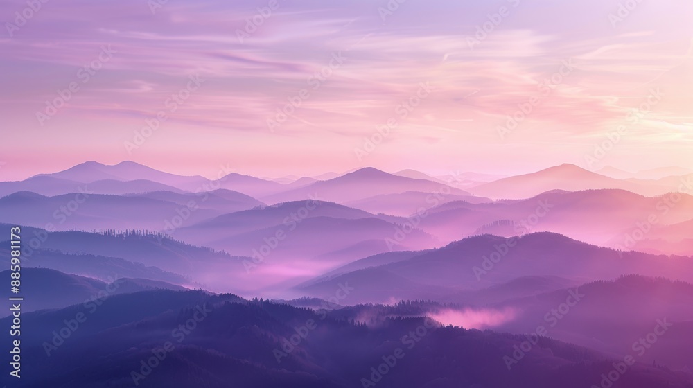 Obraz premium An ethereal purple mountain range under a pastel-colored sky at dawn, showcasing layers of mist and soft light.