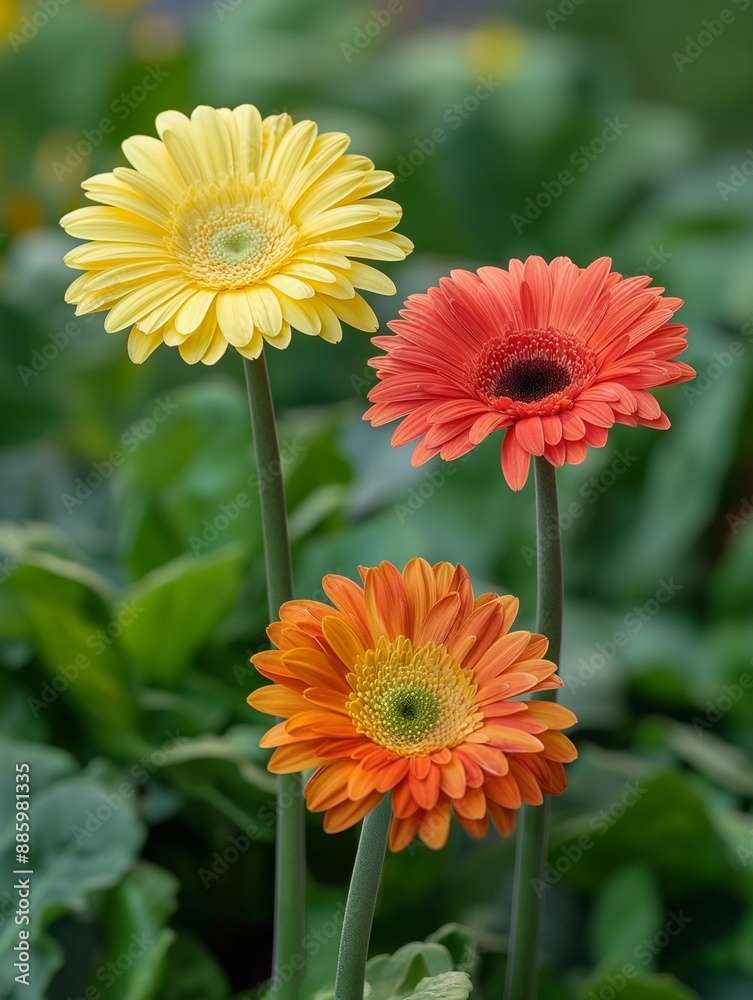Yellow, orange, and red Gerbera flowers blooming together, creating a vibrant and colorful display.