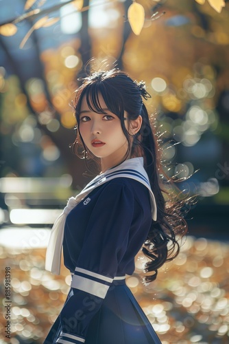 Young Woman in School Uniform with Autumn Leaves