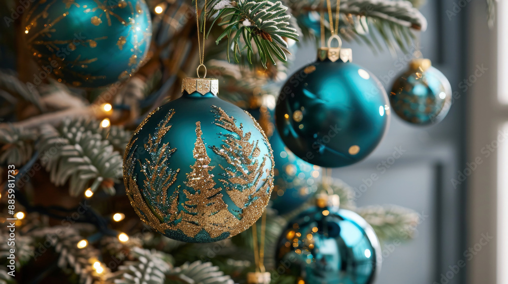 Teal and gold Christmas ornaments on decorated tree. Xmas and new year holidays Teal and gold Christmas ornaments on decorated tree. Xmas and new year holidays