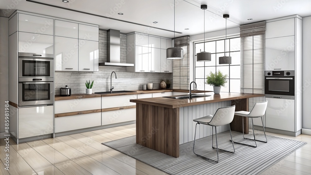 High-contrast black pencil sketch of modern kitchen design on crisp white paper, showcasing sleek cabinetry and sleek appliances layout. High-contrast black pencil sketch of modern kitchen design on crisp white paper, showcasing sleek cabinetry and sleek appliances layout.
