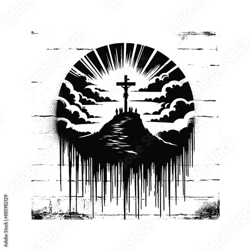 Calvary Scene, Illustrate the hill of Calvary with the cross against a dramatic sky, in graffiti stencil with simple paint dripping