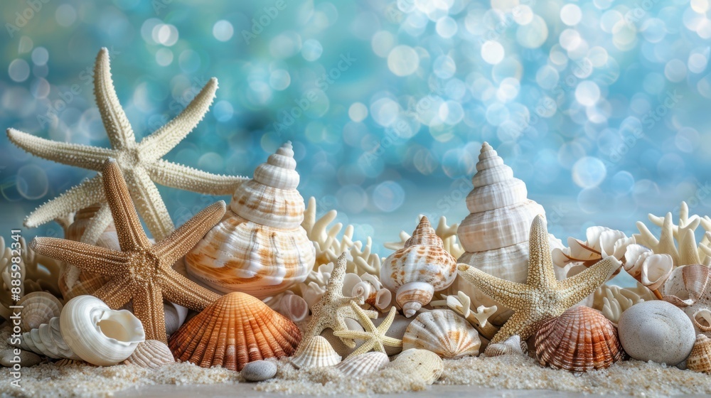 A beautiful arrangement of seashells and starfish on a sandy beach with a sparkling bokeh background, evoking a sense of summer. A beautiful arrangement of seashells and starfish on a sandy beach with a sparkling bokeh background, evoking a sense of summer.