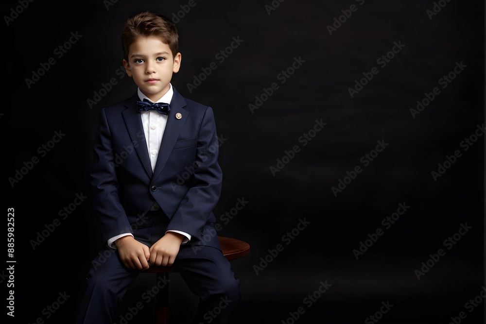 kid sitting on table wearing blue suit, matching tie, and white shirt on black background