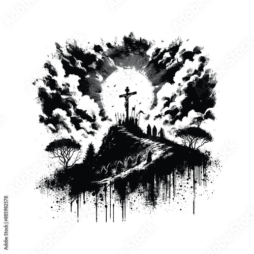Calvary Scene, Illustrate the hill of Calvary with the cross against a dramatic sky, in graffiti stencil with simple paint dripping