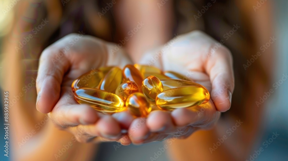 Close-up of hands holding several golden fish oil capsules, symbolizing health and wellness through supplements. Close-up of hands holding several golden fish oil capsules, symbolizing health and wellness through supplements.