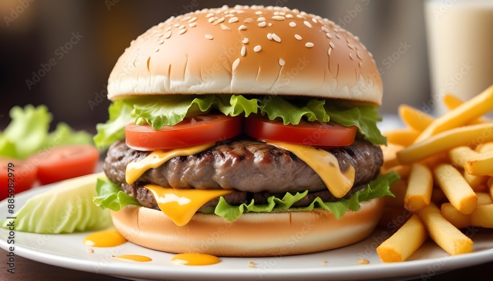 Juicy burger with meat, vegetables, fries and lettuce Juicy burger with meat, vegetables, fries and lettuce