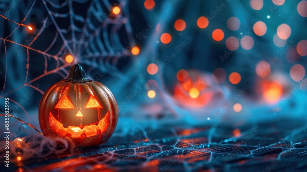 Halloween scene with a glowing jack-o'-lantern surrounded by spider webs and fairy lights, creating a spooky festive atmosphere. Halloween scene with a glowing jack-o'-lantern surrounded by spider webs and fairy lights, creating a spooky festive atmosphere.