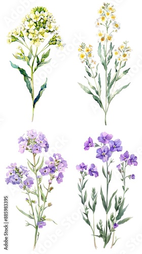 Set of watercolor Alyssum Lobularia maritima flower isolated on white background	