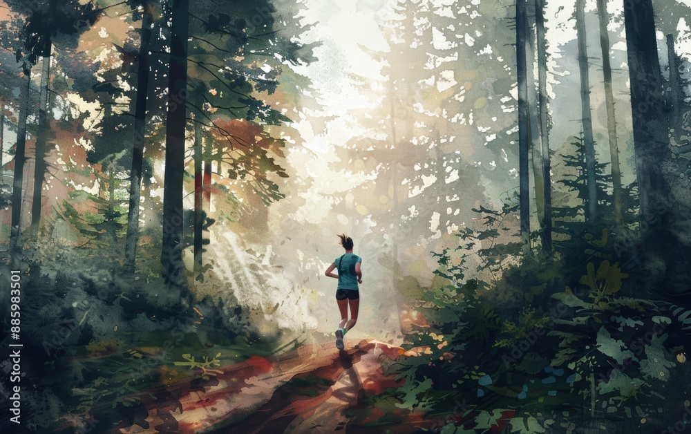 Runner in forest during sunrise, surrounded by lush greenery and tall trees, enjoying nature and fresh air. Runner in forest during sunrise, surrounded by lush greenery and tall trees, enjoying nature and fresh air.