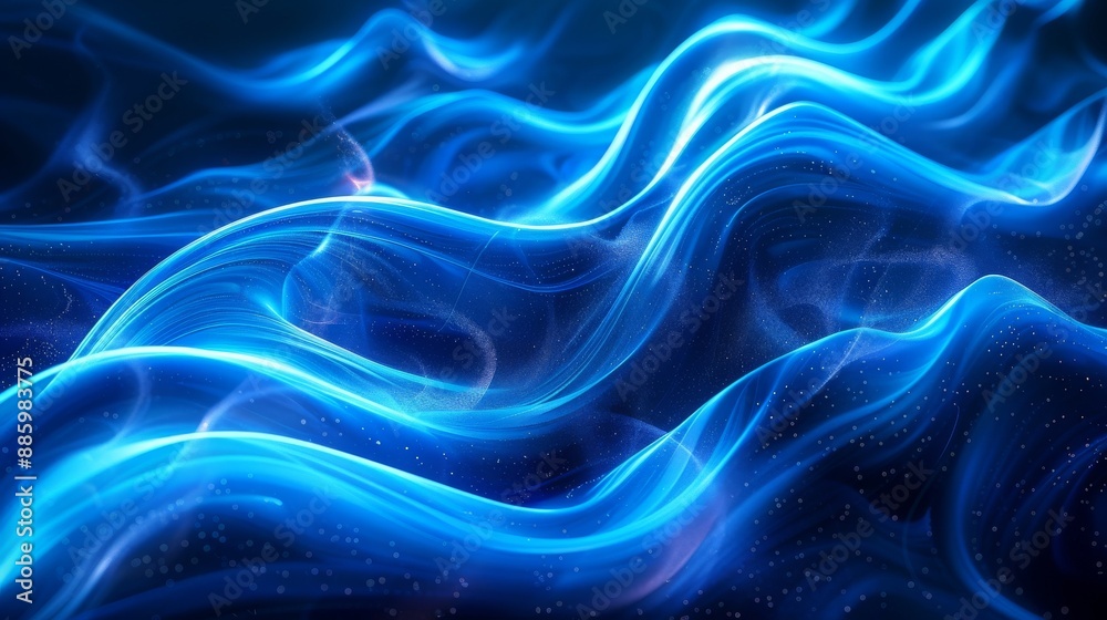 Abstract blue flowing waves of light. Smooth curves, glowing particles, reminiscent of water or silk Abstract blue flowing waves of light. Smooth curves, glowing particles, reminiscent of water or silk