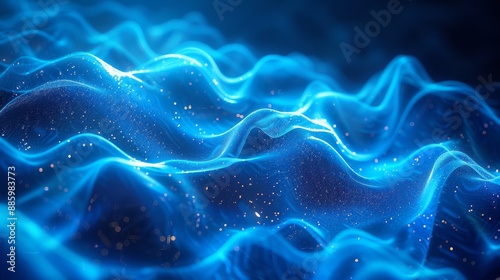 Abstract blue waves of light, dotted with sparkling particles. Flowing and ethereal visual effect © Tatsiana