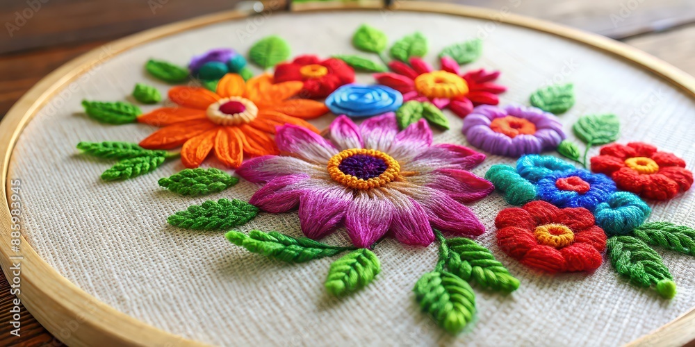 Embroidered flowers on a hoop with vibrant thread colors , textile art, handcrafted, sewing, needlework, embroidery Embroidered flowers on a hoop with vibrant thread colors , textile art, handcrafted, sewing, needlework, embroidery
