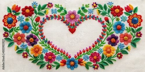 Heart-shaped floral embroidery pattern with intricate traditional needlework in bright colors
