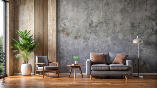 Living room interior with warm-toned concrete wall, gray armchair on wooden flooring, living room