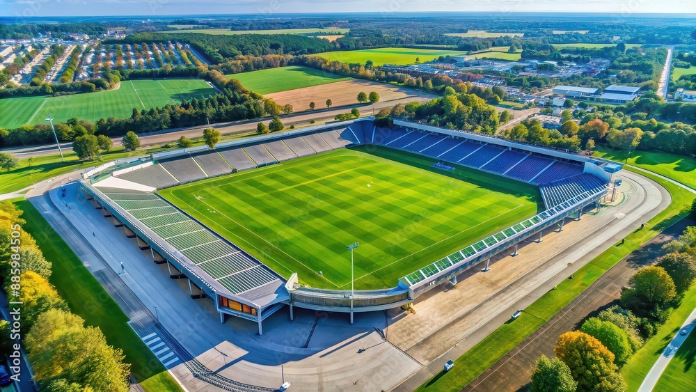 Aerial view of a modern sports stadium under a clear sky with green field and seating area, sports, stadium, venue Aerial view of a modern sports stadium under a clear sky with green field and seating area, sports, stadium, venue