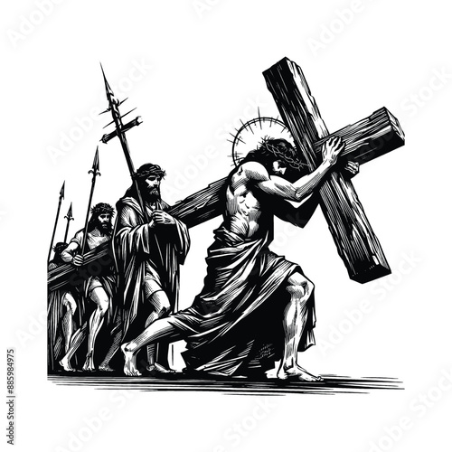 Carrying the Cross, Show Jesus bearing the weight of the cross to Golgotha