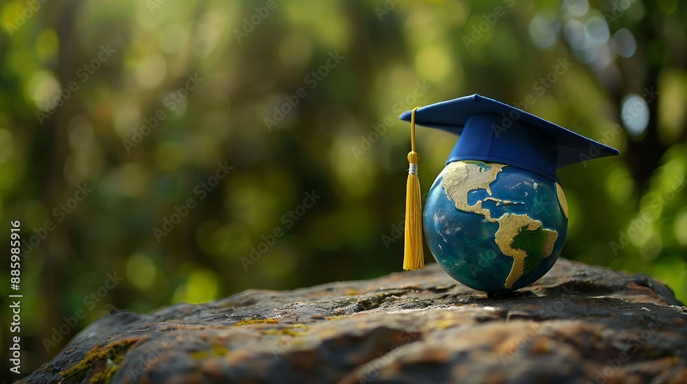 Graduation cap with miniature planet earth for global business education concept. AI generated