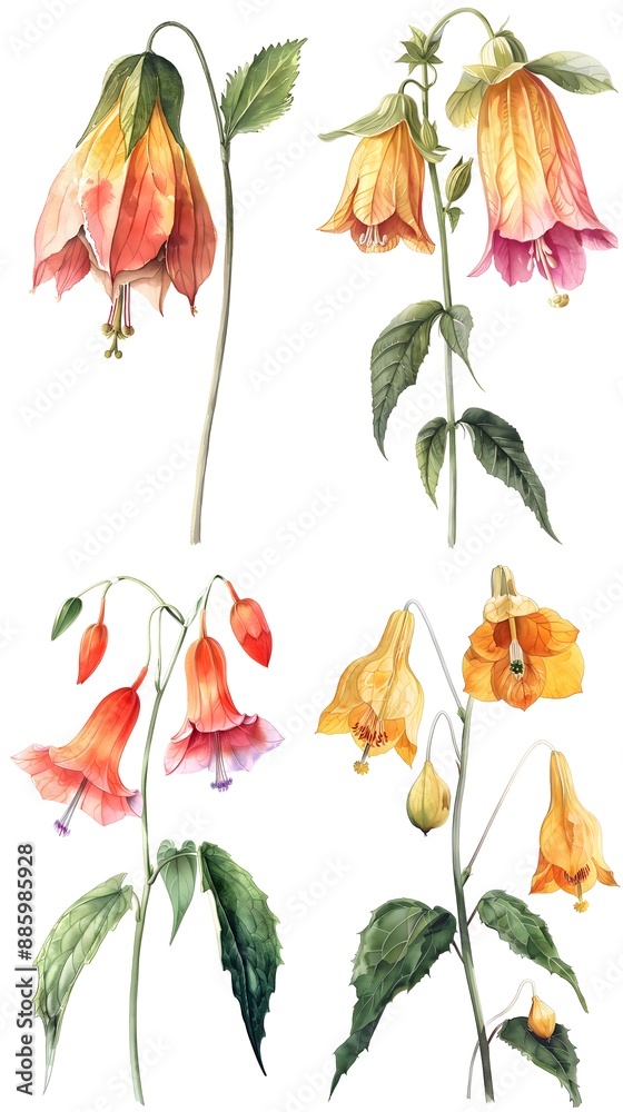 Obraz premium Set of watercolor Abutilon spp flower isolated on white background